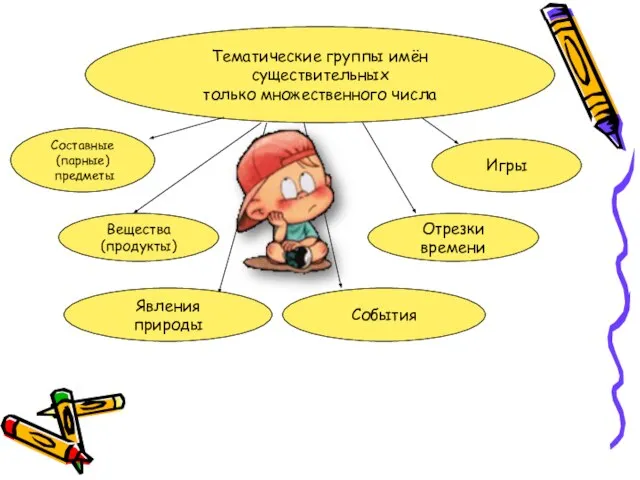 Тематические группы имён существительных только множественного числа Составные (парные) предметы Вещества (продукты)