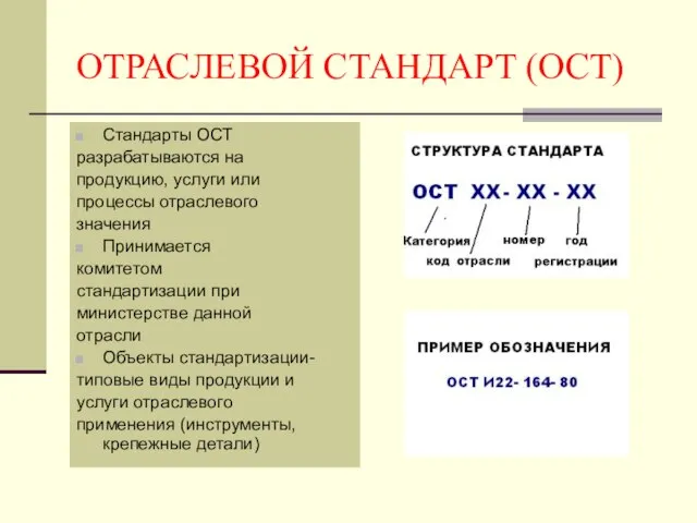 ОТРАСЛЕВОЙ СТАНДАРТ (ОСТ) Стандарты ОСТ разрабатываются на продукцию, услуги или процессы отраслевого