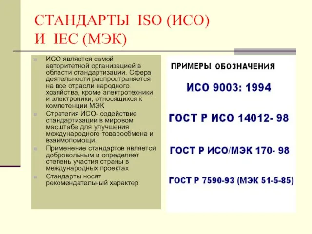 СТАНДАРТЫ ISO (ИСО) И IEC (МЭК) ИСО является самой авторитетной организацией в