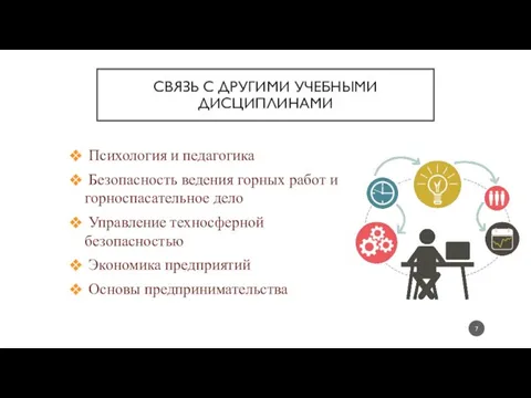 СВЯЗЬ С ДРУГИМИ УЧЕБНЫМИ ДИСЦИПЛИНАМИ Психология и педагогика Безопасность ведения горных работ