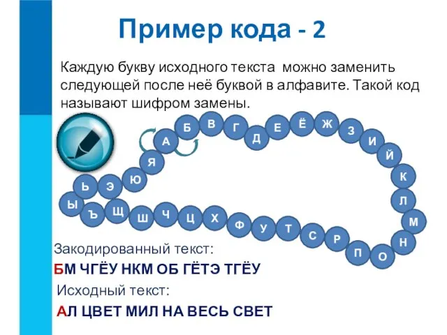 Каждую букву исходного текста можно заменить следующей после неё буквой в алфавите.