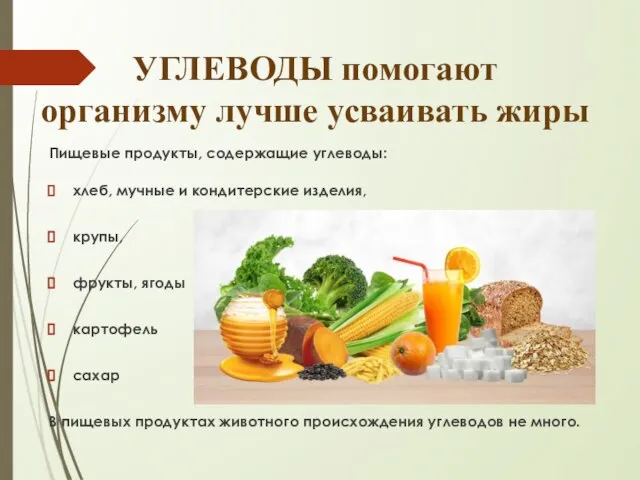 УГЛЕВОДЫ помогают организму лучше усваивать жиры Пищевые продукты, содержащие углеводы: хлеб, мучные