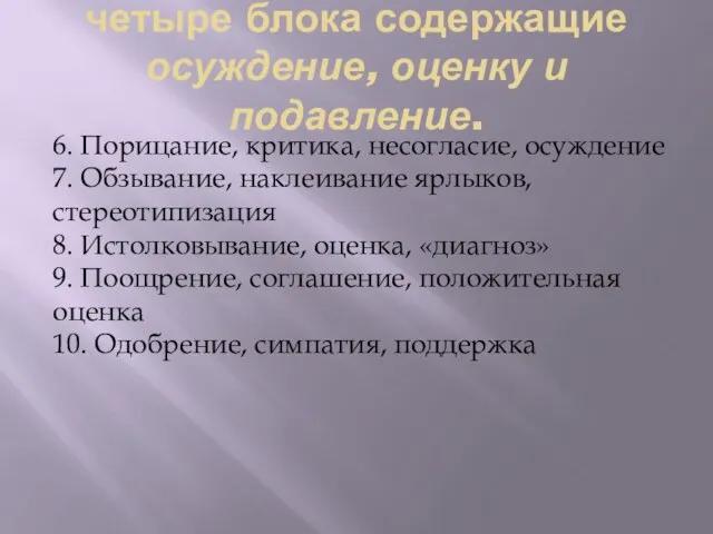 четыре блока содержащие осуждение, оценку и подавление. 6. Порицание, критика, несогласие, осуждение