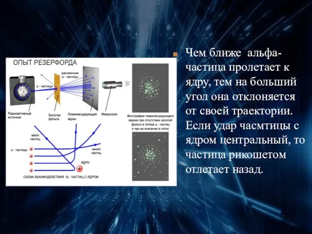 Чем ближе альфа- частица пролетает к ядру, тем на больший угол она