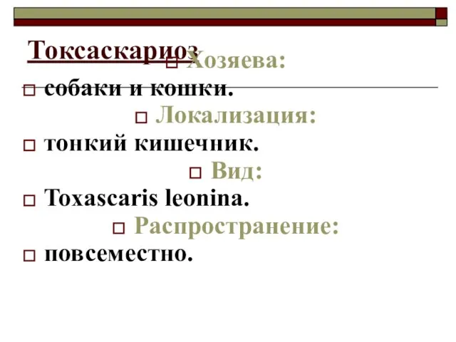 Токсаскариоз Хозяева: собаки и кошки. Локализация: тонкий кишечник. Вид: Toxascaris leonina. Распространение: повсеместно.
