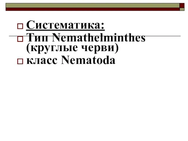 Систематика: Тип Nemathelminthes (круглые черви) класс Nematoda