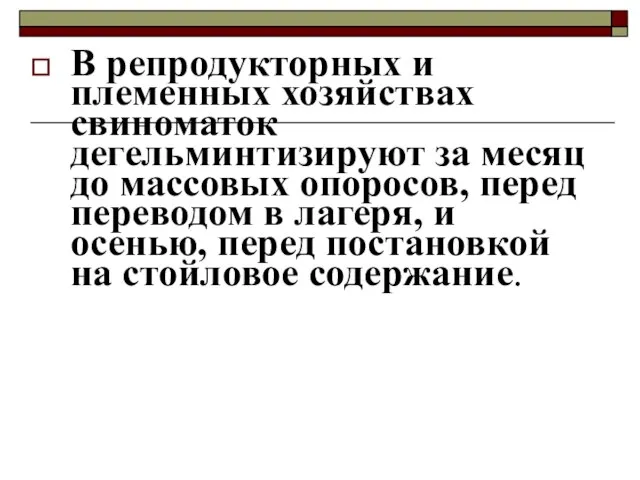 В репродукторных и племенных хозяйствах свиноматок дегельминтизируют за месяц до массовых опоросов,