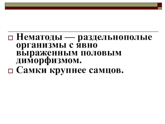 Нематоды — раздельнополые организмы с явно выраженным половым диморфизмом. Самки крупнее самцов.