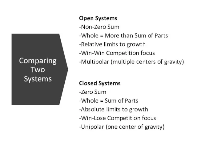 Open Systems -Non-Zero Sum -Whole = More than Sum of Parts -Relative
