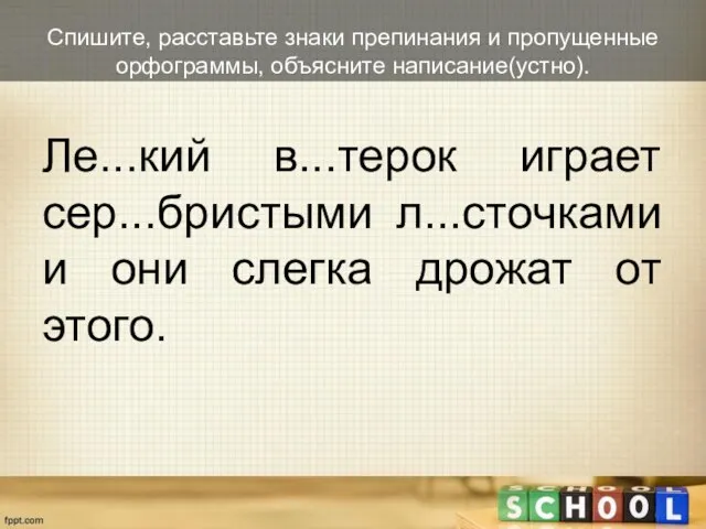 Спишите, расставьте знаки препинания и пропущенные орфограммы, объясните написание(устно). Ле...кий в...терок играет