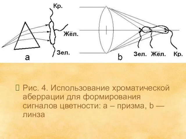 Рис. 4. Использование хроматической аберрации для формирования сигналов цветности: а – призма, b — линза