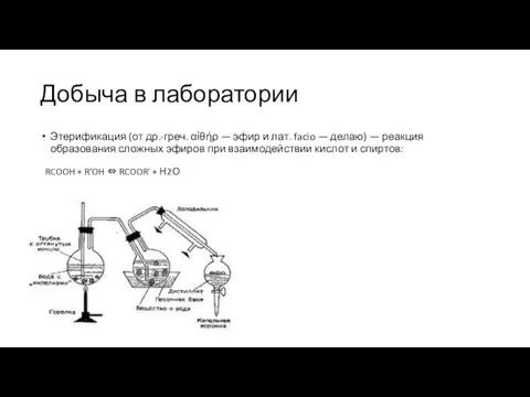 Добыча в лаборатории Этерификация (от др.-греч. αἰθήρ — эфир и лат. facio