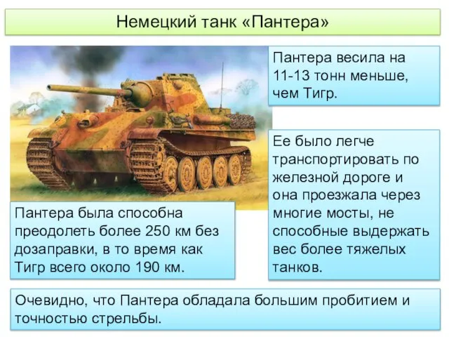 Немецкий танк «Пантера» Пантера весила на 11-13 тонн меньше, чем Тигр. Ее