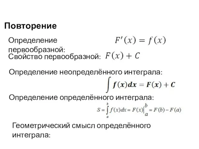 Повторение Определение первообразной: Свойство первообразной: Определение неопределённого интеграла: Определение определённого интеграла: Геометрический смысл определённого интеграла: