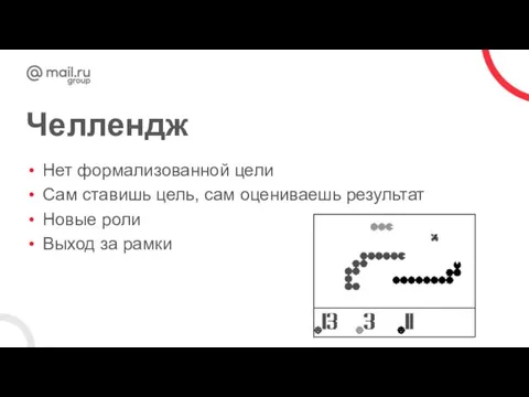 Челлендж Нет формализованной цели Сам ставишь цель, сам оцениваешь результат Новые роли Выход за рамки