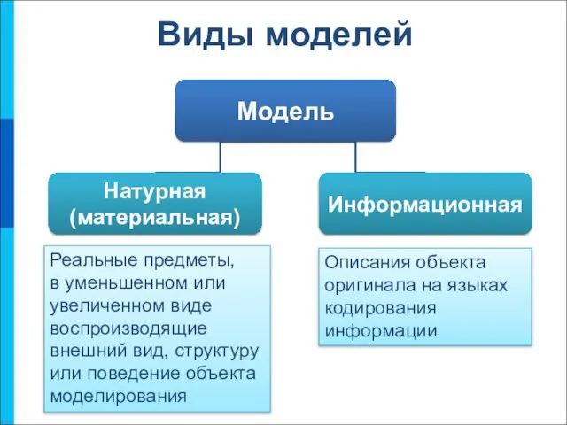 Модель Натурная (материальная) Информационная Виды моделей Описания объекта оригинала на языках кодирования