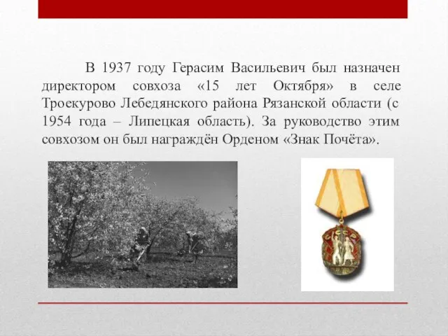 В 1937 году Герасим Васильевич был назначен директором совхоза «15 лет Октября»