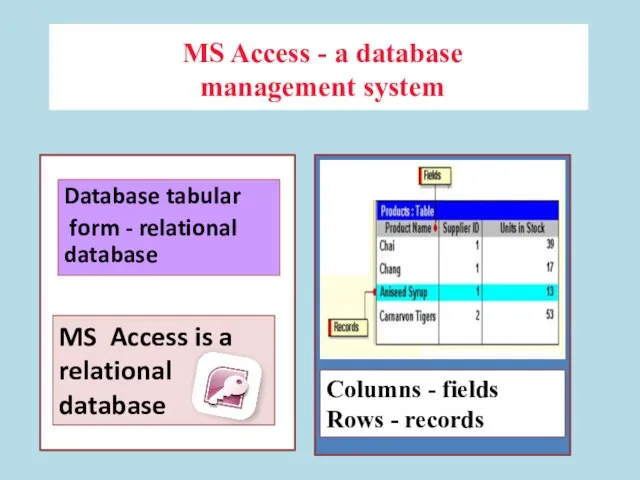 MS Access - a database management system Database tabular form - relational