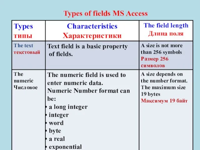 Types of fields MS Access