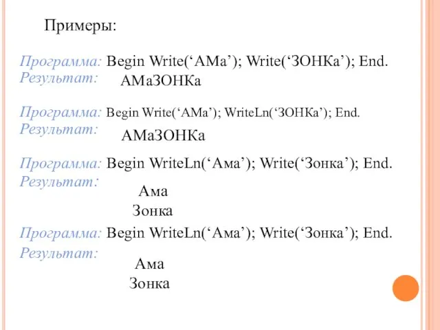 Примеры: Программа: Begin Write(‘АМа’); Write(‘ЗОНКа’); End. Результат: Программа: Begin Write(‘АМа’); WriteLn(‘ЗОНКа’); End.