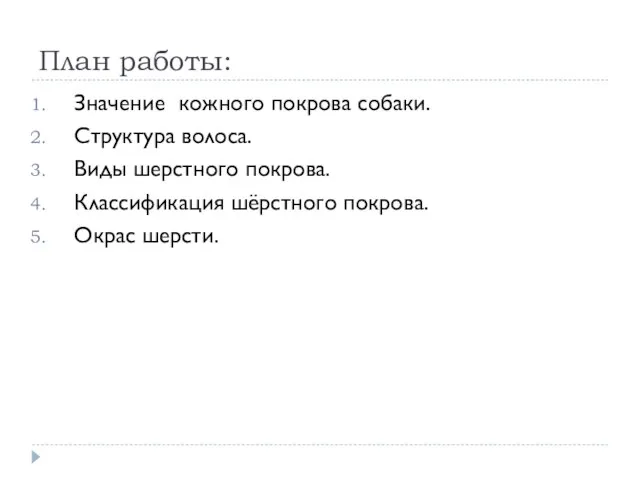 План работы: Значение кожного покрова собаки. Структура волоса. Виды шерстного покрова. Классификация шёрстного покрова. Окрас шерсти.