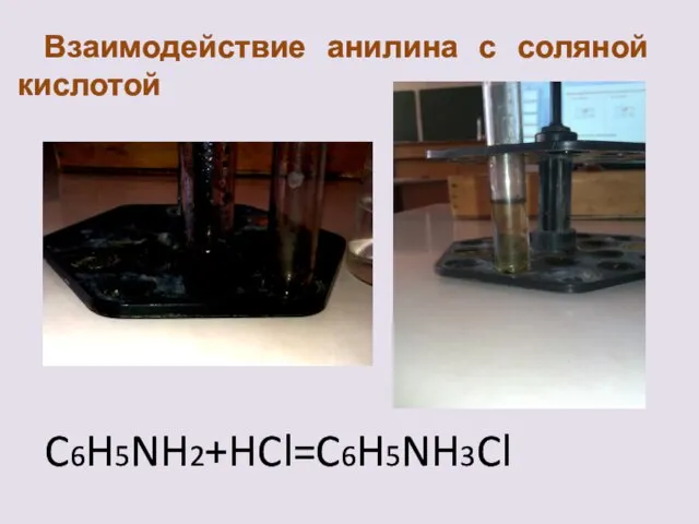 Взаимодействие анилина с соляной кислотой C6H5NH2+HCl=C6H5NH3Cl