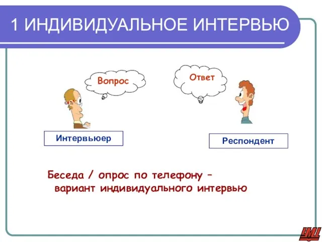 Интервьюер Респондент Вопрос Ответ Беседа / опрос по телефону – вариант индивидуального интервью 1 ИНДИВИДУАЛЬНОЕ ИНТЕРВЬЮ