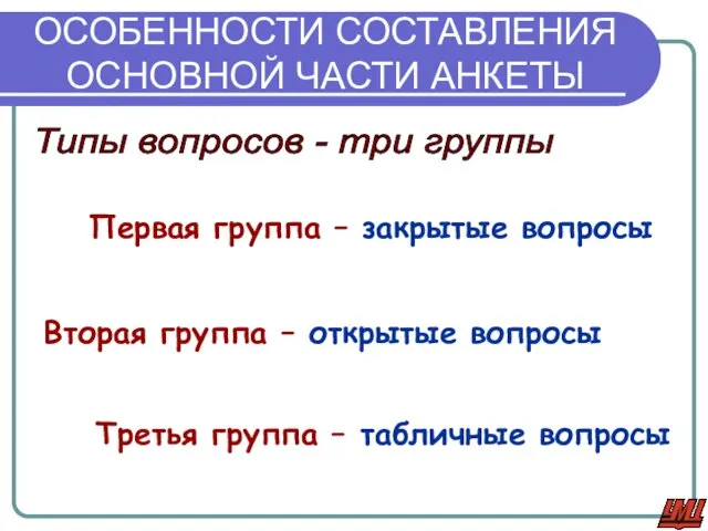 ОСОБЕННОСТИ СОСТАВЛЕНИЯ ОСНОВНОЙ ЧАСТИ АНКЕТЫ Типы вопросов - три группы Первая группа