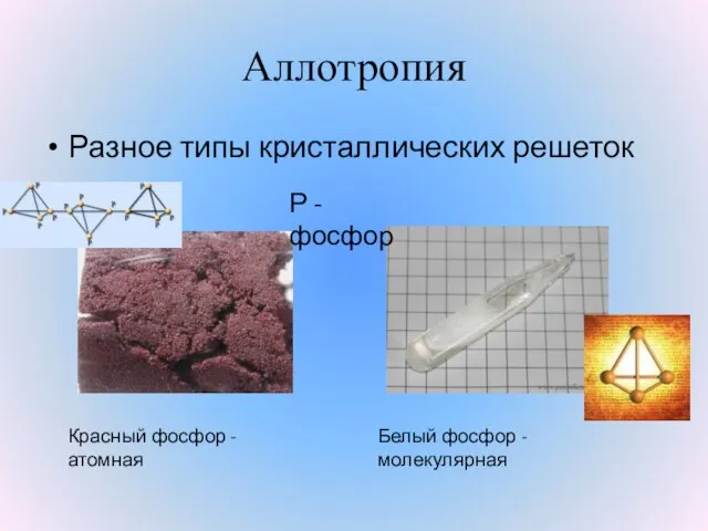 Аллотропия Разное типы кристаллических решеток Р - фосфор Красный фосфор - атомная Белый фосфор - молекулярная