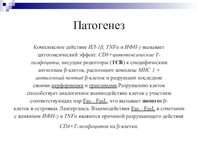 Патогенез Комплексное действие ИЛ-1β, TNFα и ИФН-γ вызывает цитотоксический эффект. CD8+цитотоксические Т-