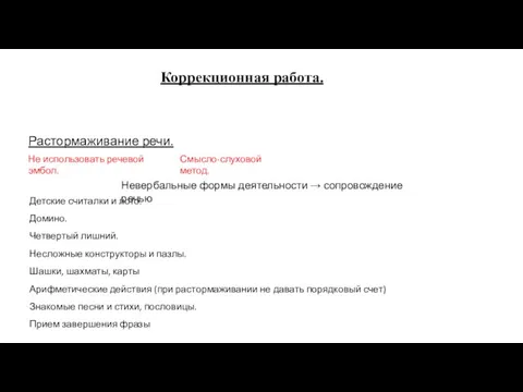 Растормаживание речи. Не использовать речевой эмбол. Коррекционная работа. Невербальные формы деятельности →