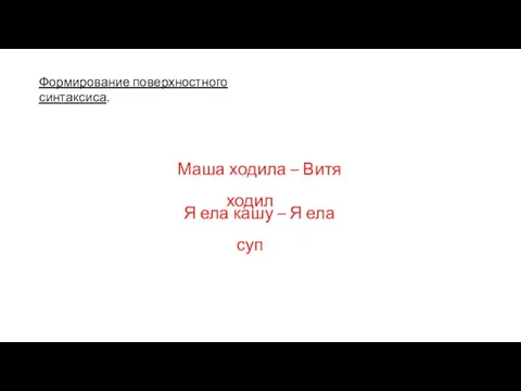 Формирование поверхностного синтаксиса. Маша ходила – Витя ходил Я ела кашу – Я ела суп