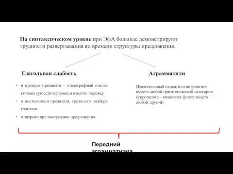 На синтаксическом уровне при ЭфА больные демонстрируют трудности развертывания во времени структуры