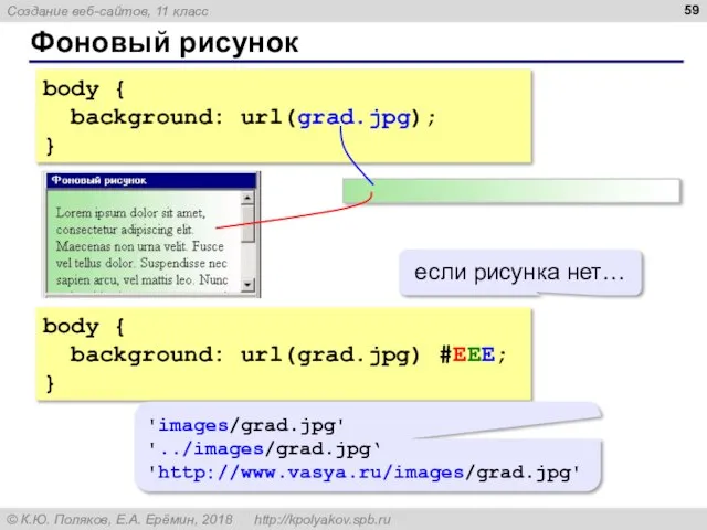 Фоновый рисунок body { background: url(grad.jpg); } body { background: url(grad.jpg) #EEE;