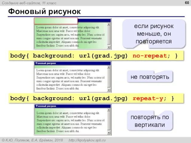 Фоновый рисунок body{ background: url(grad.jpg) no-repeat; } body{ background: url(grad.jpg) repeat-y; }