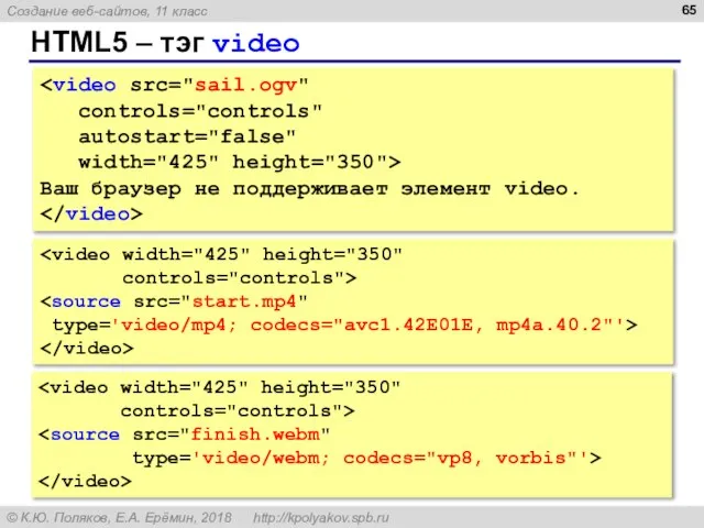 HTML5 – тэг video controls="controls" autostart="false" width="425" height="350"> Ваш браузер не поддерживает