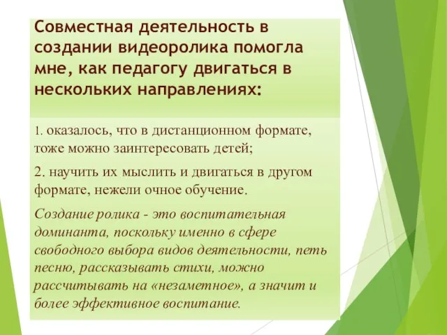 Совместная деятельность в создании видеоролика помогла мне, как педагогу двигаться в нескольких