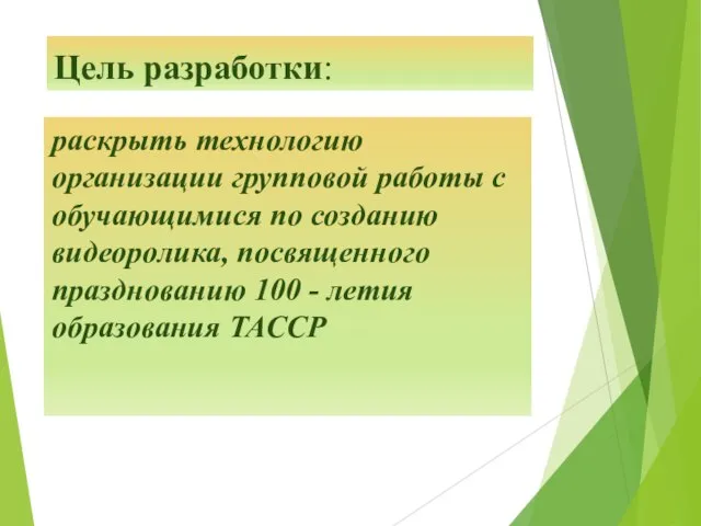 Цель разработки: раскрыть технологию организации групповой работы с обучающимися по созданию видеоролика,