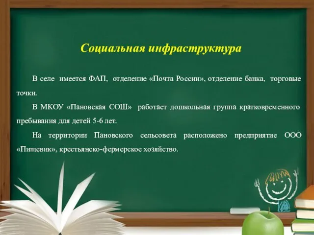 Социальная инфраструктура В селе имеется ФАП, отделение «Почта России», отделение банка, торговые