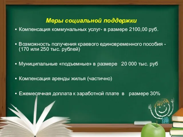 Меры социальной поддержки Компенсация коммунальных услуг- в размере 2100,00 руб. Возможность получения
