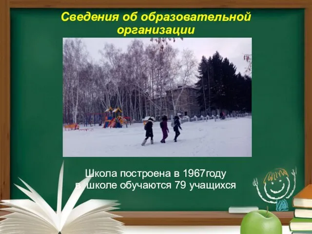 Сведения об образовательной организации Школа построена в 1967году в школе обучаются 79 учащихся