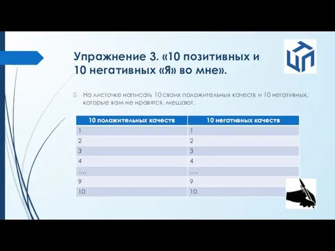 Упражнение 3. «10 позитивных и 10 негативных «Я» во мне». На листочке