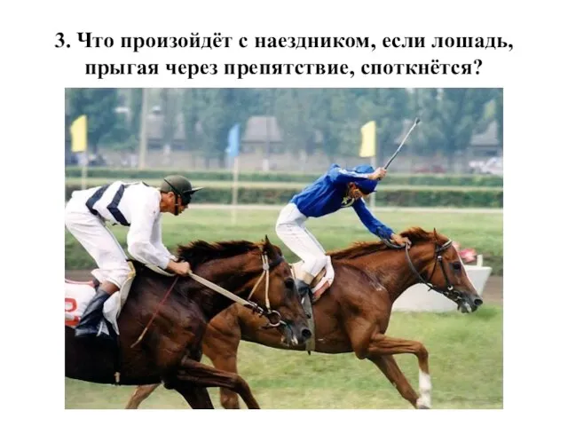 3. Что произойдёт с наездником, если лошадь, прыгая через препятствие, споткнётся?