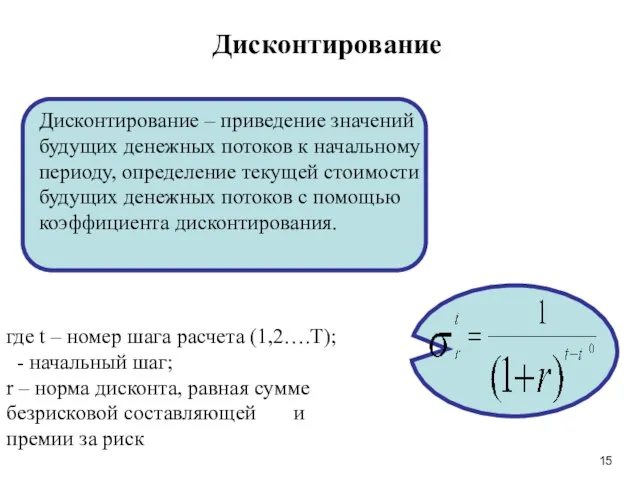 Дисконтирование Дисконтирование – приведение значений будущих денежных потоков к начальному периоду, определение