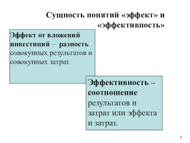 Сущность понятий «эффект» и «эффективность» Эффект от вложений инвестиций – разность совокупных