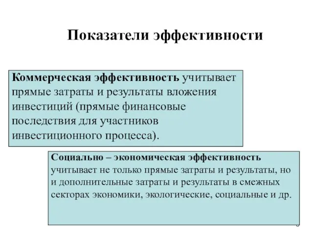 Показатели эффективности Коммерческая эффективность учитывает прямые затраты и результаты вложения инвестиций (прямые