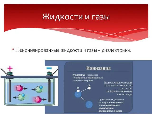 Жидкости и газы Неионизированные жидкости и газы – диэлектрики.