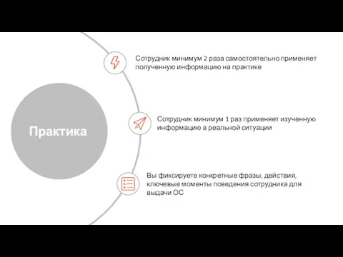 Практика Сотрудник минимум 2 раза самостоятельно применяет полученную информацию на практике Сотрудник