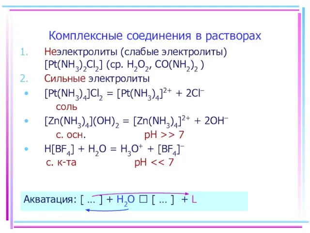 Комплексные соединения в растворах Неэлектролиты (слабые электролиты) [Pt(NH3)2Cl2] (ср. H2O2, CO(NH2)2 )