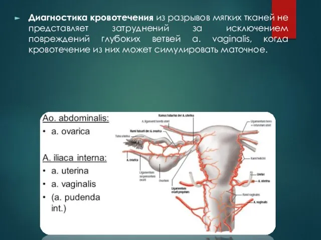 Диагностика кровотечения из разрывов мягких тканей не представляет затруднений за исключением повреждений